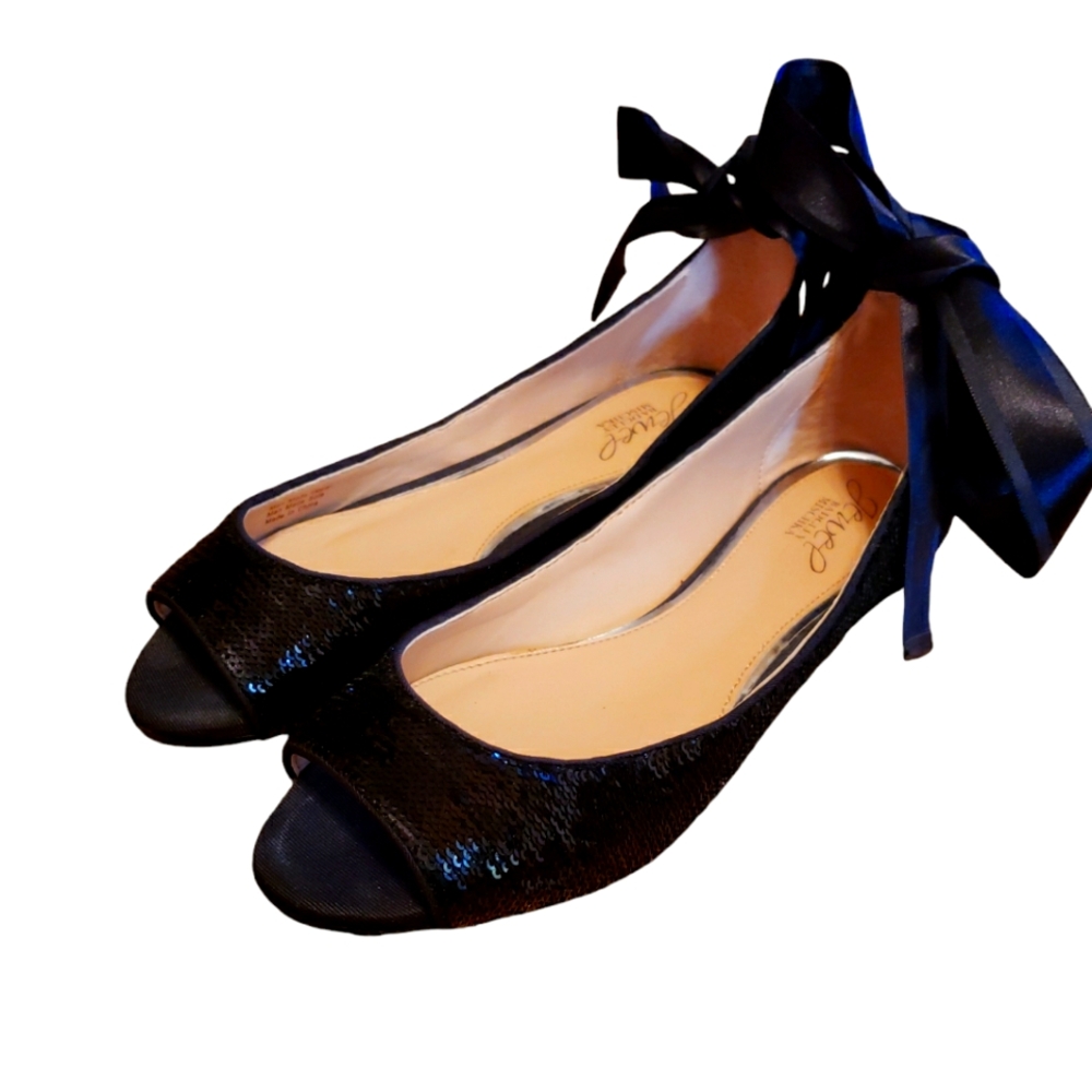 Jewel Badgley Mischka Black Sequin Open Toe Flats with Satin Bow Size 7 - Picture 2 of 5